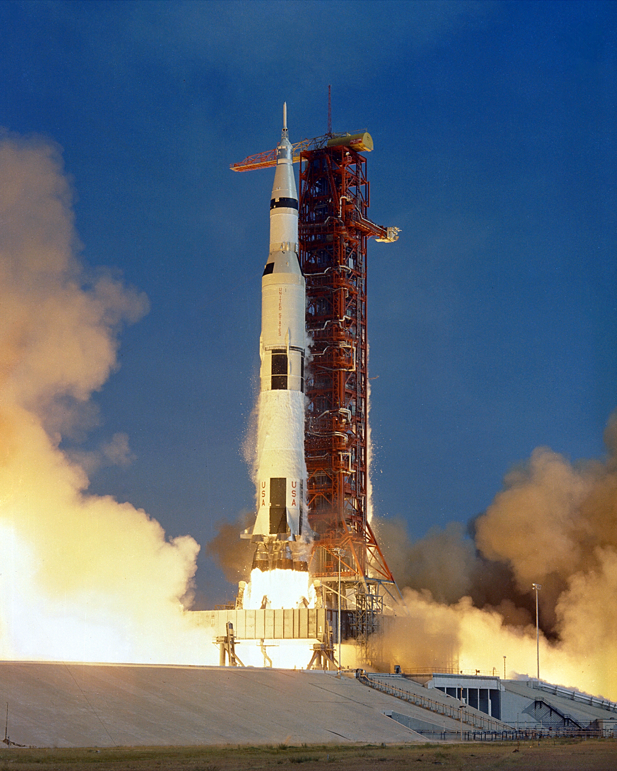 Apollo 11 Saturn V launches from Launch Complex 39A, July 16, 1969.