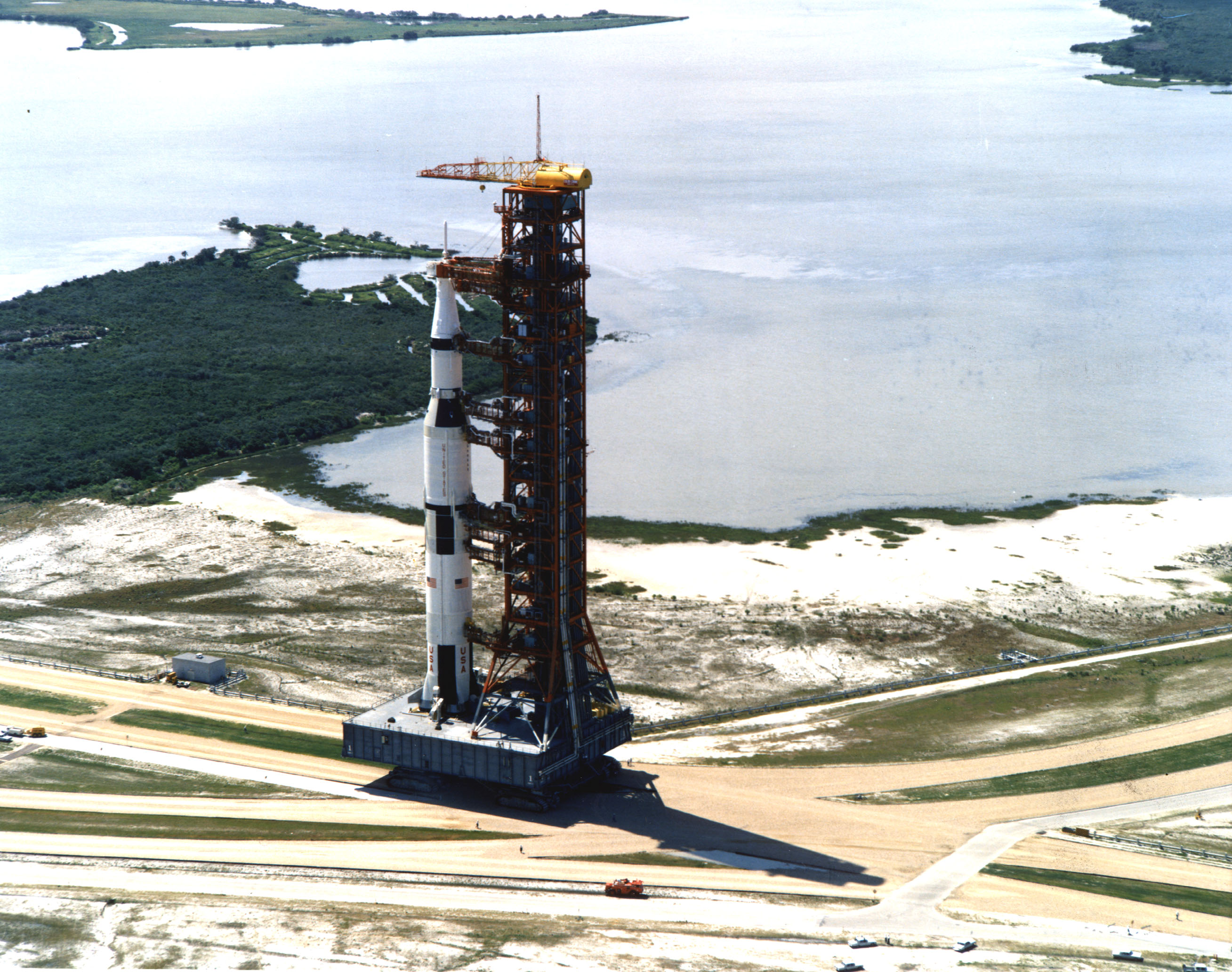 Apollo 11 Saturn V rolling out of the Vehicle Assembly Building on the crawler-transporter.