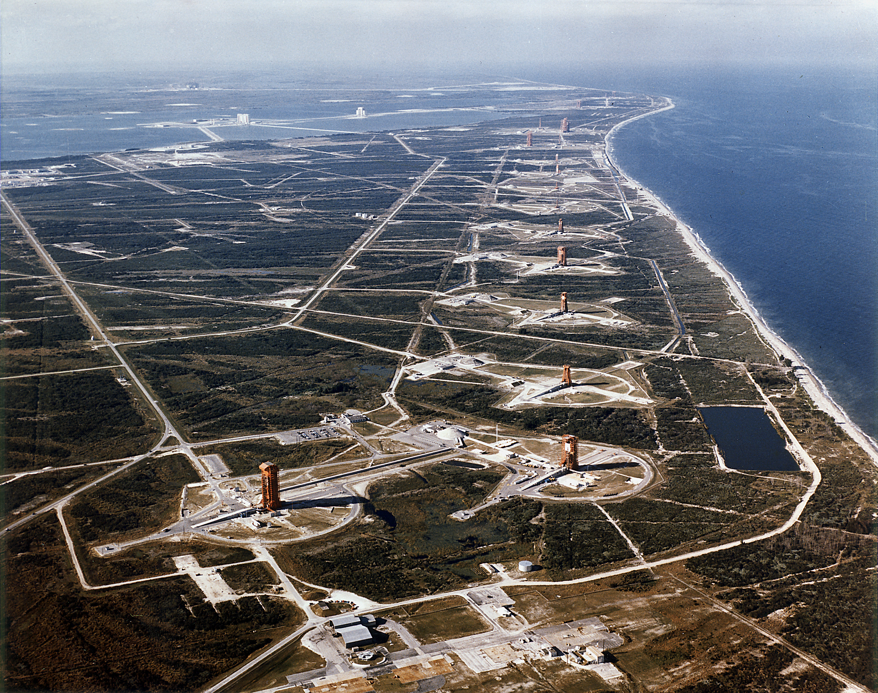 Aerial view of Missile Row at Cape Canaveral, the ICBM-era launch pads the Eastern Test Range was built around.