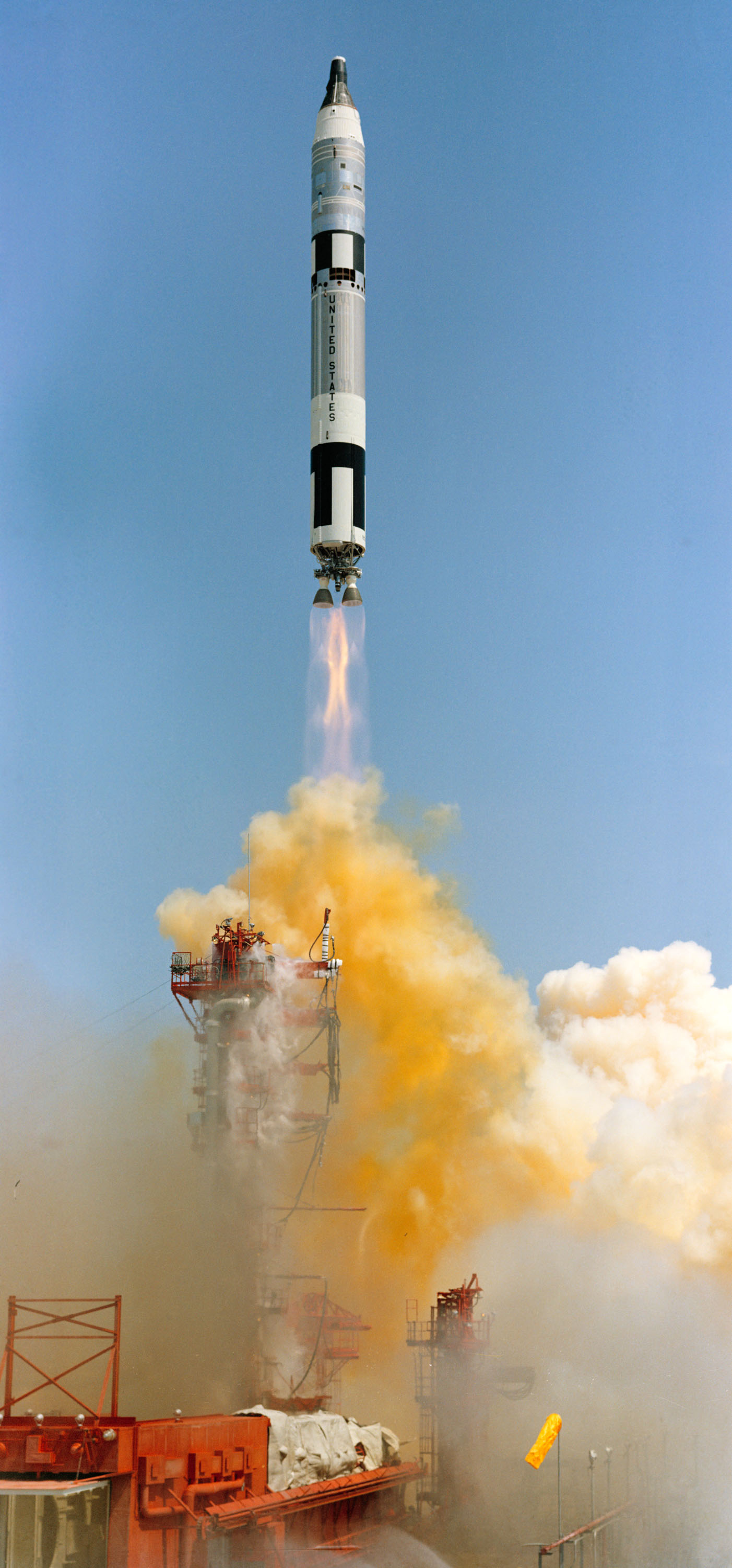 Gemini 4 launches from Cape Kennedy, June 3, 1965, carrying Jim McDivitt and Ed White.