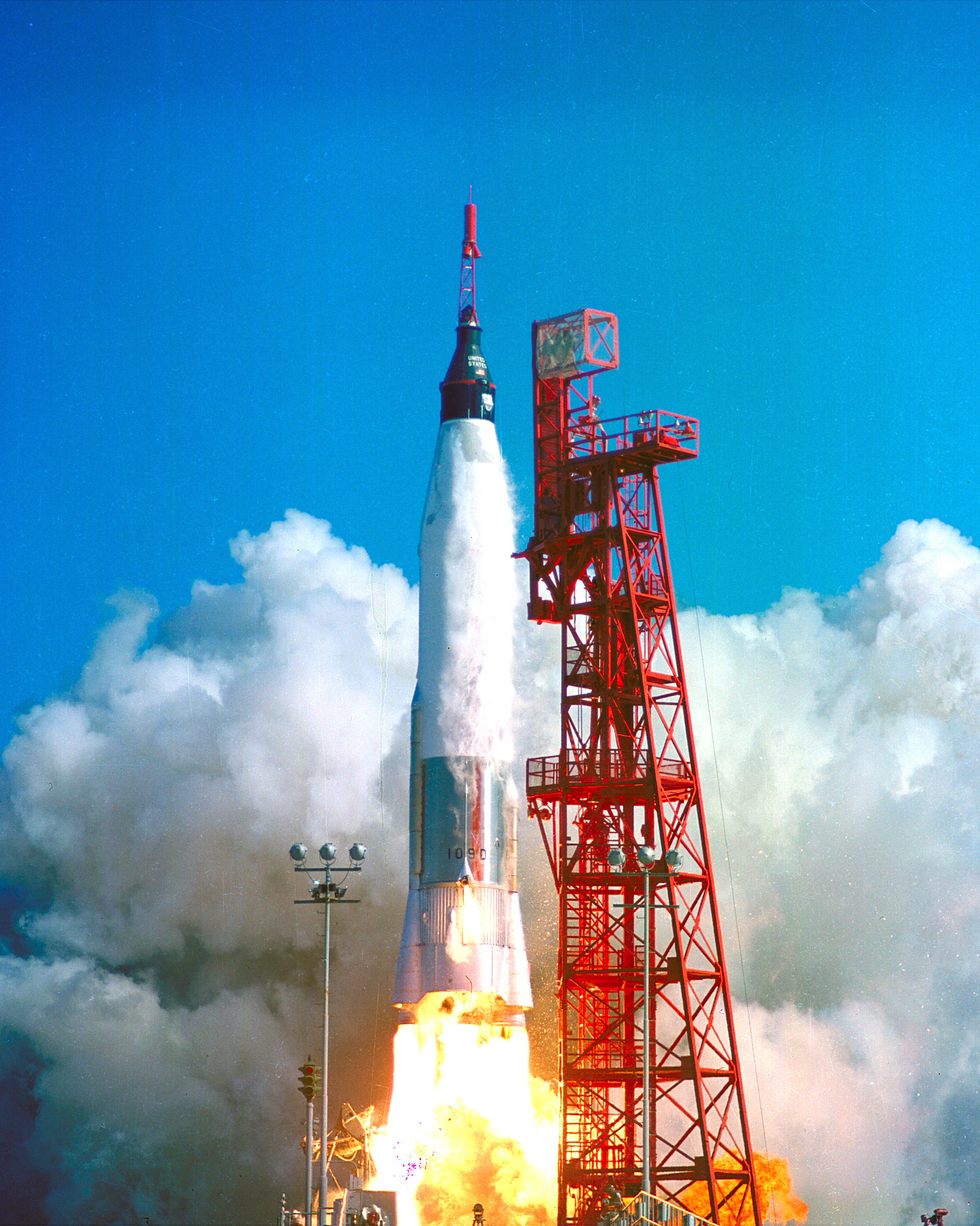 Friendship 7 launching from Cape Canaveral, February 20, 1962, with John Glenn aboard.