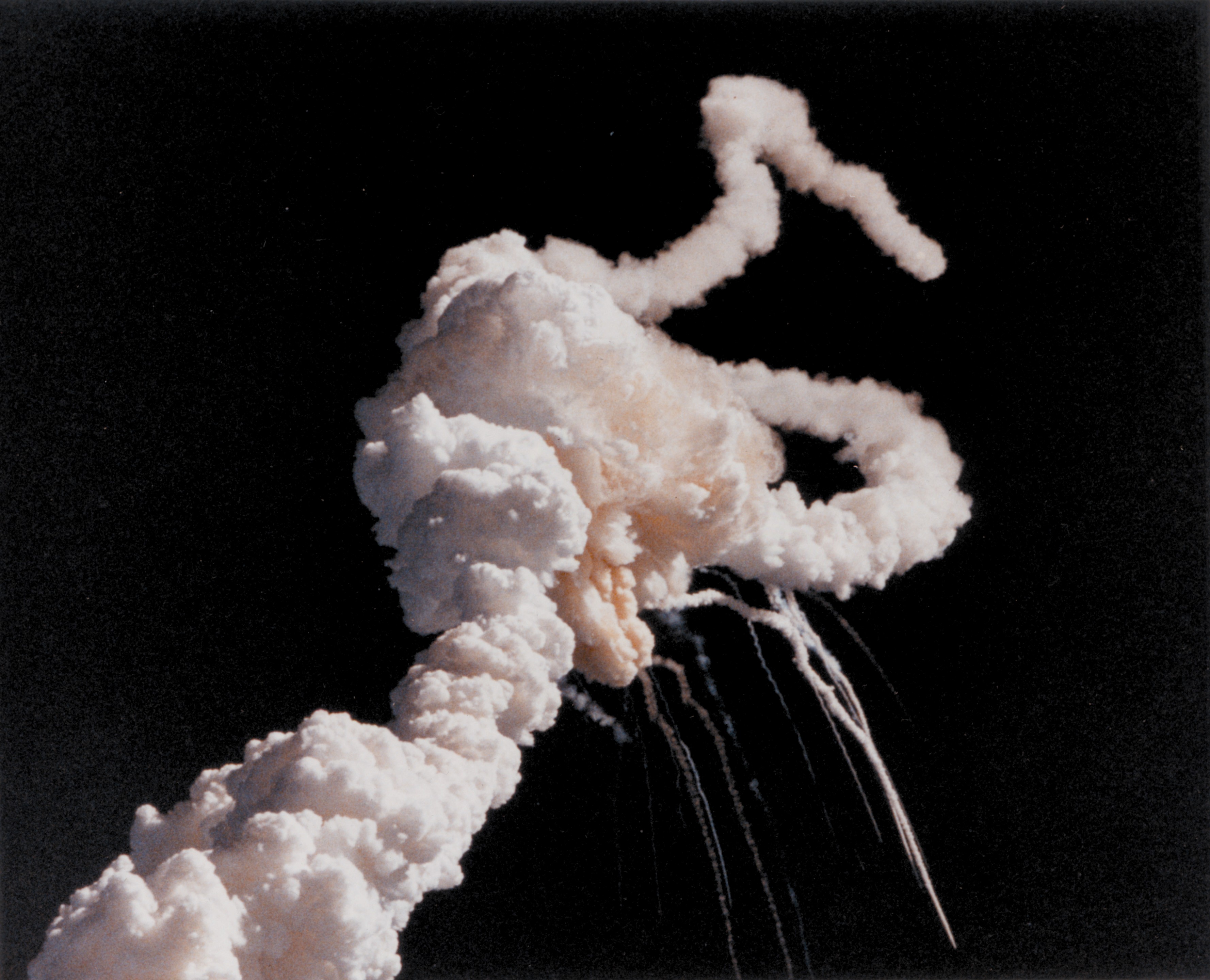 Space Shuttle Challenger STS-51-L breakup at 73 seconds after launch, January 28, 1986.
